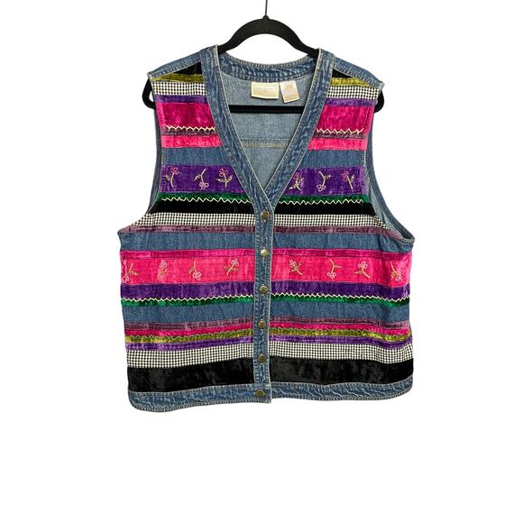 Vintage 90s Susan Bristol Boho Patchwork Embroidered Velvet Denim Vest SZ 2X - Picture 1 of 5